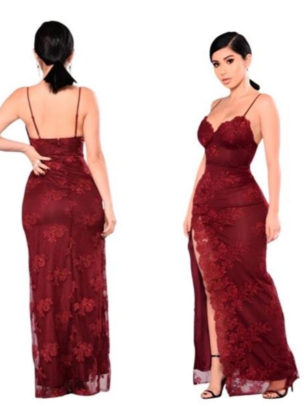 Fashion Nova Burgundy Lace Maxi Dress with High Slit